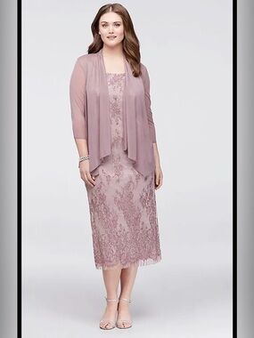 R&M RICHARDS 2 PIECE SHEER JACKET/SHIRT & LACE DRESS MAUVE COLOR SIZE 12